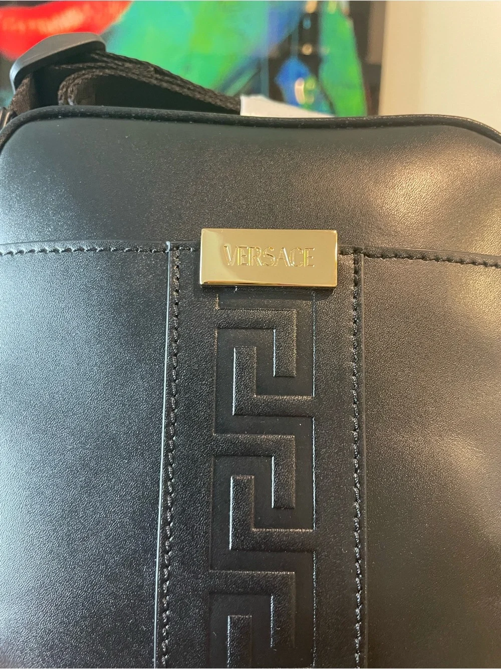 Versace Black Leather Messenger Crossbody with Gold Plaque